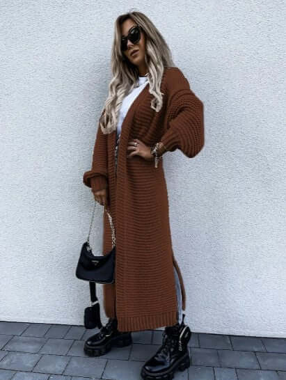 Sidonia | Women's Long Chunky Knit Cardigan Side Slits Open Front