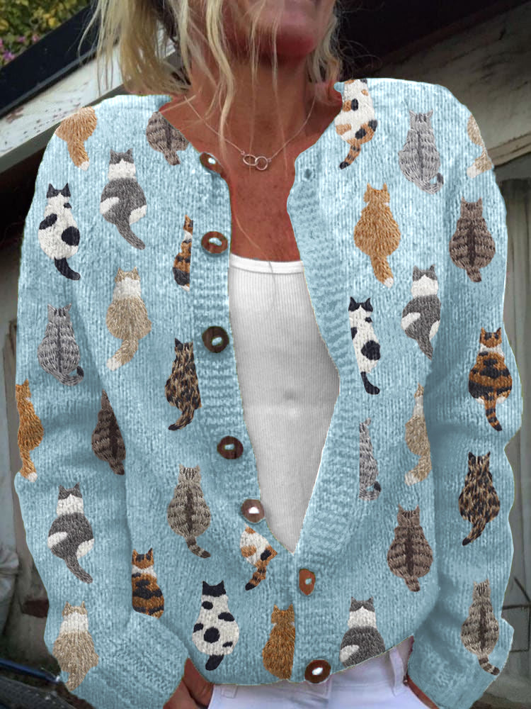 Charlotte | Women's Cat Motif Knitted Cardigan Button-Up Long Sleeve