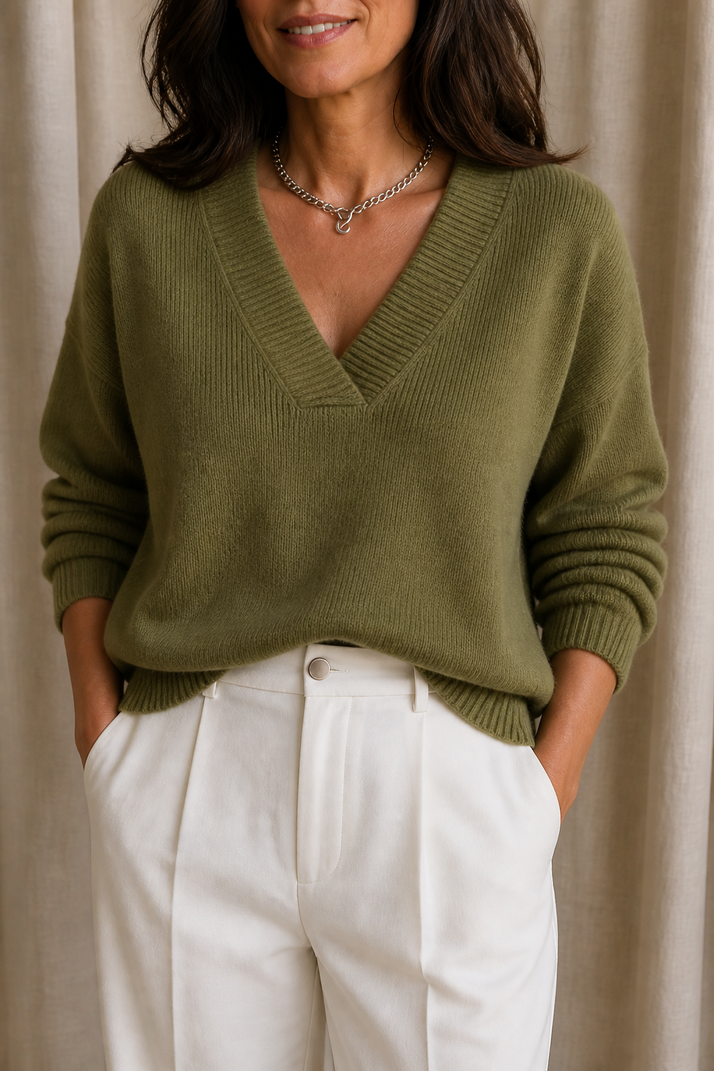 Elisa | Women's V-Neck Ribbed Stretch Knit Jumper Relaxed Fit