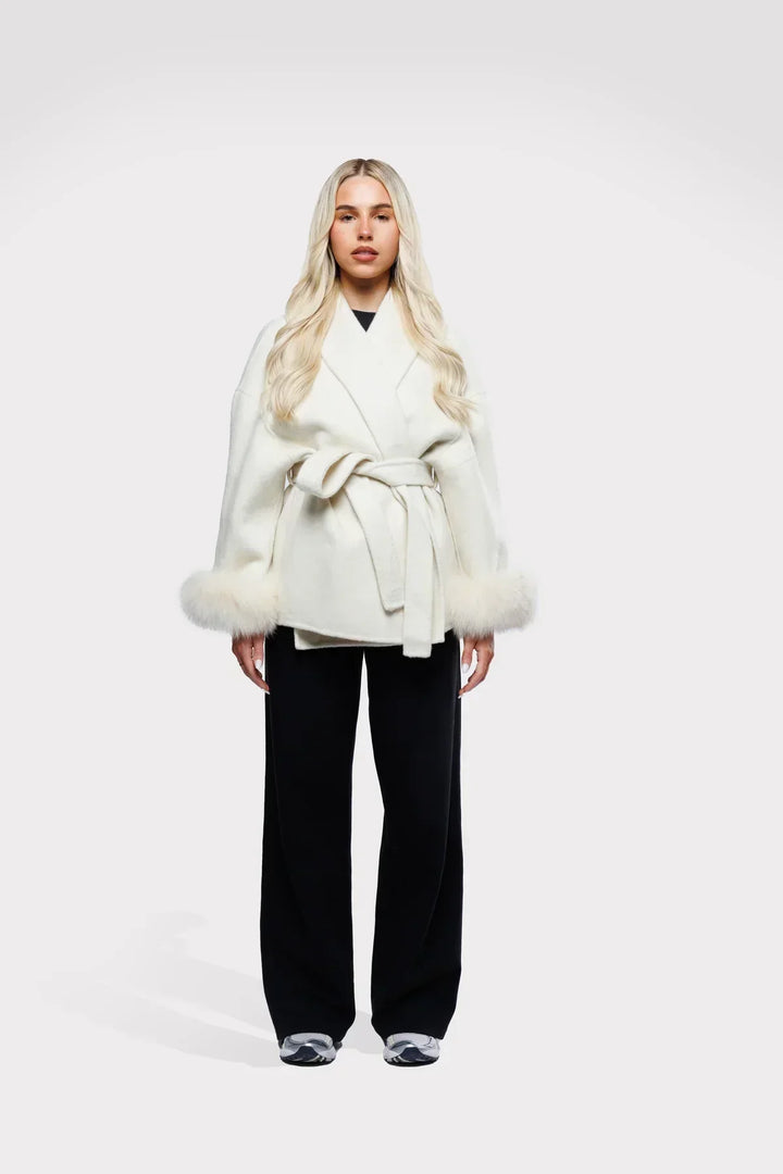 Women’s Belted Wrap Jacket – Faux Fur Cuff Layer for Smart Casual Wear