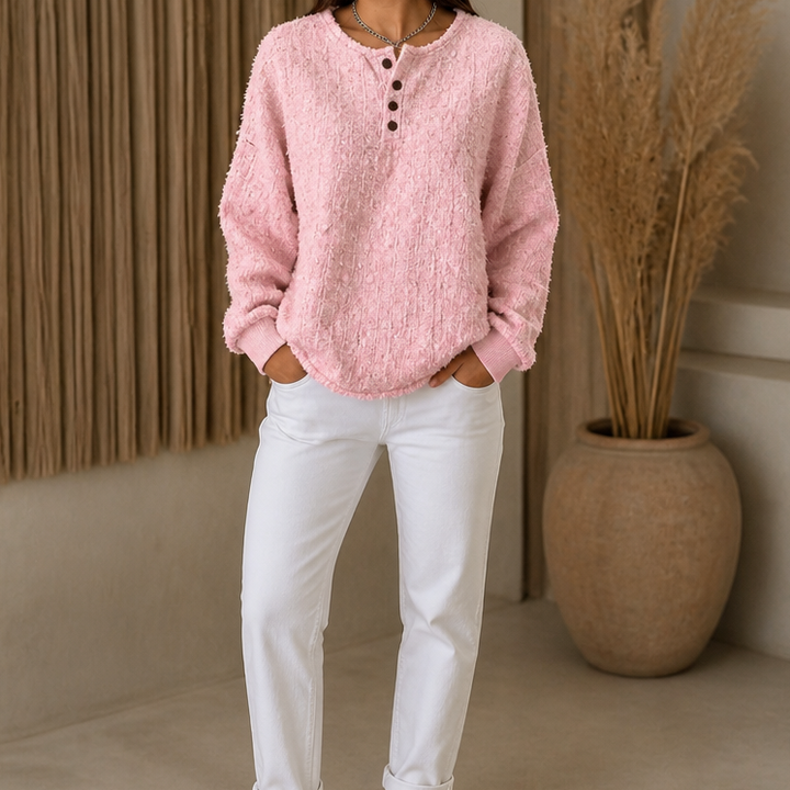 Mila | Women's Chunky Knit Henley Jumper Marl Texture Dropped Shoulder