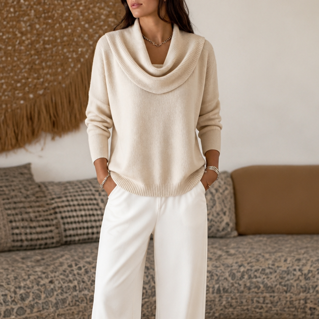 Isabelle | Women's Cowl Neck Knitted Jumper Draped Neckline Stretch