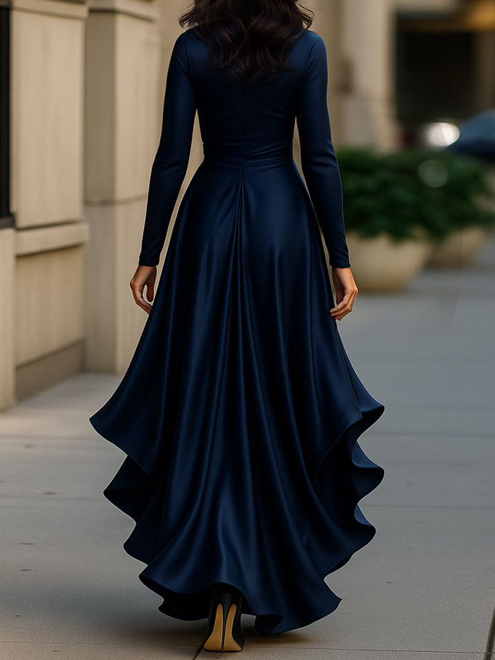 Midnight Blue Satin Maxi Dress | Draped Wrap Style | Ruffle Hem | Elegant Evening Look