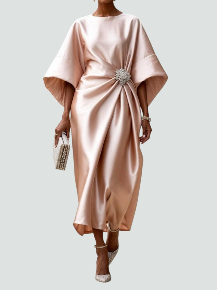 Ivy | Women's Draped Batwing Sleeve Midi Dress with Brooch