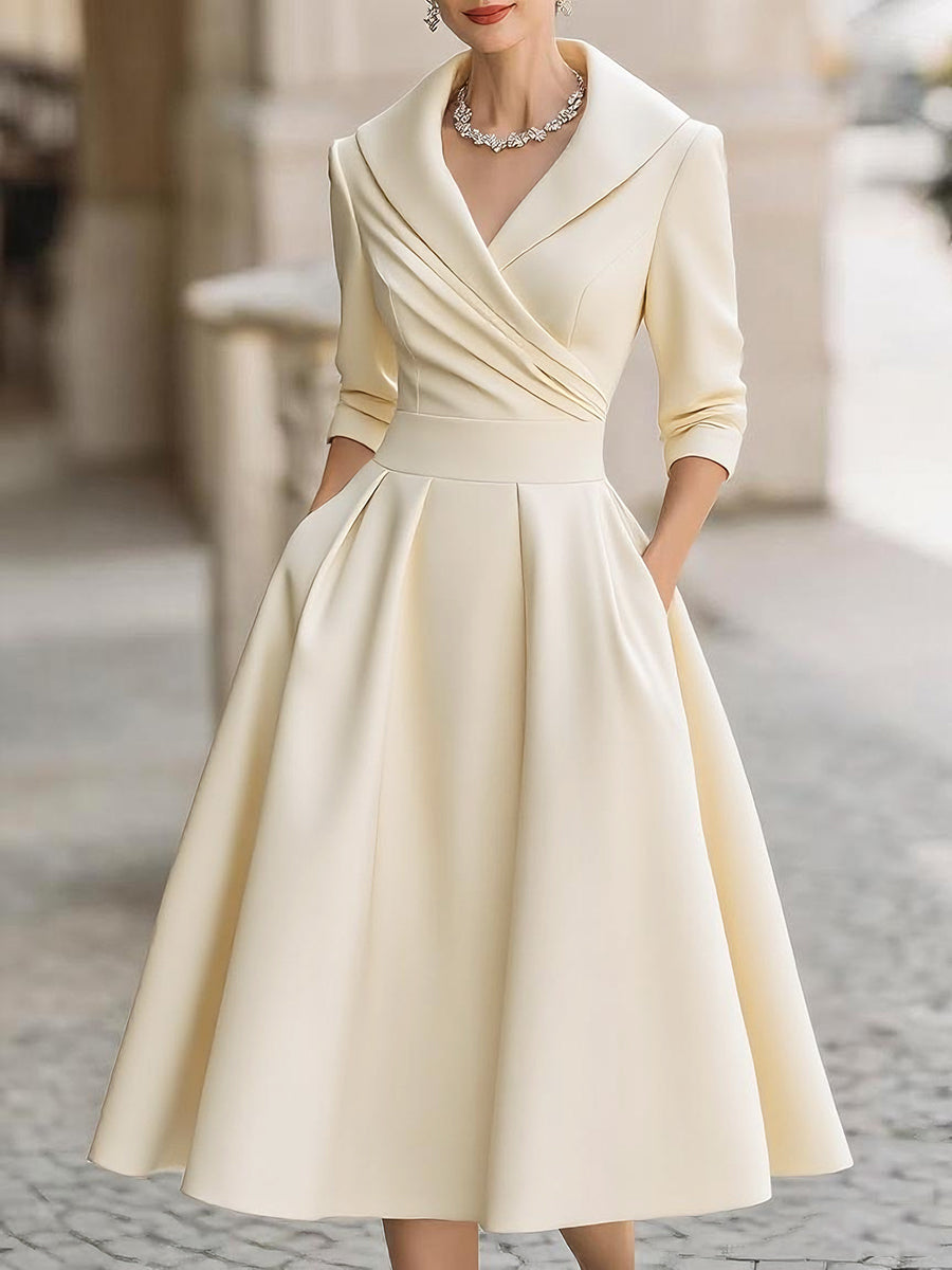 Black Satin Midi Dress | Draped Shawl Collar | Vintage-Inspired Elegance | Soft Luster Finish