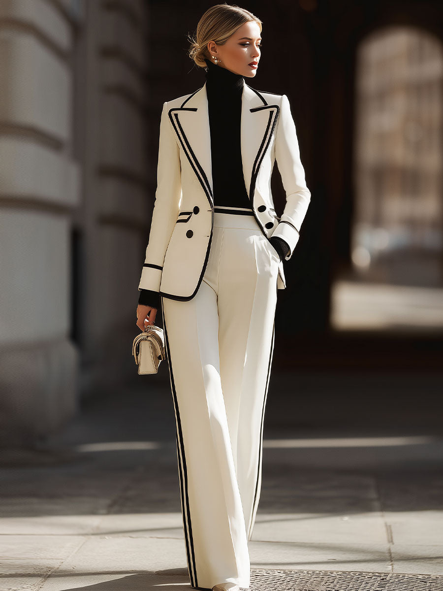 White Double-Breasted Suit Set | Black Contrast Trim | Tailored Power Look | Modern Elegance