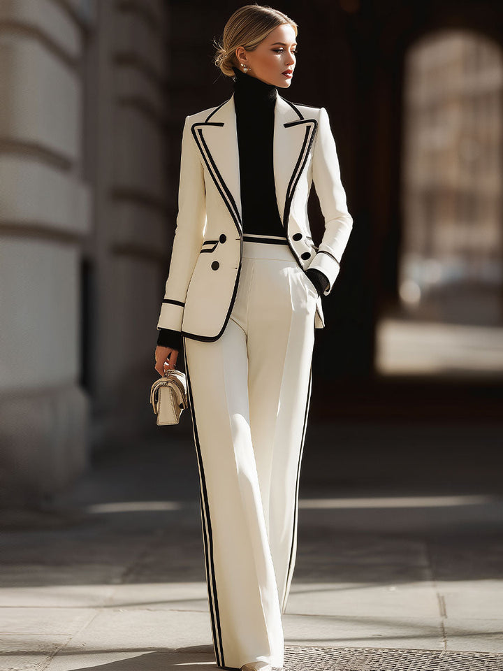 White Double-Breasted Suit Set | Black Contrast Trim | Tailored Power Look | Modern Elegance