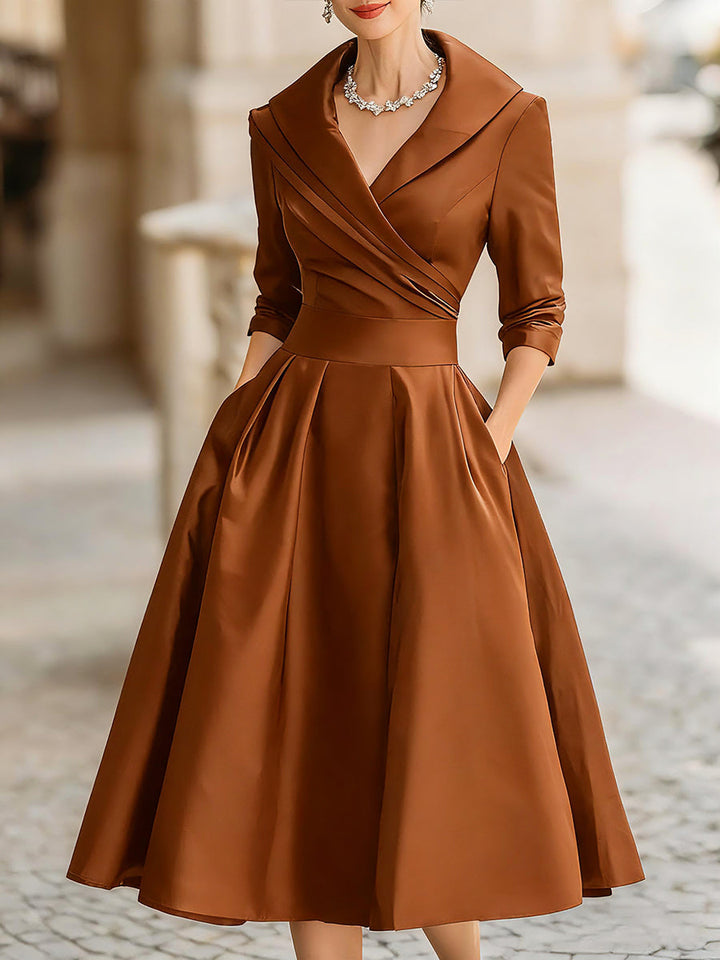 Black Satin Midi Dress | Draped Shawl Collar | Vintage-Inspired Elegance | Soft Luster Finish