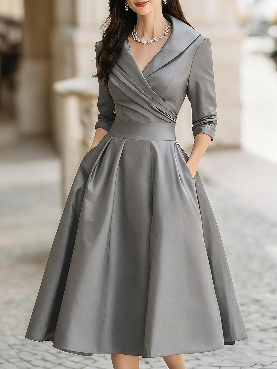 Black Satin Midi Dress | Draped Shawl Collar | Vintage-Inspired Elegance | Soft Luster Finish