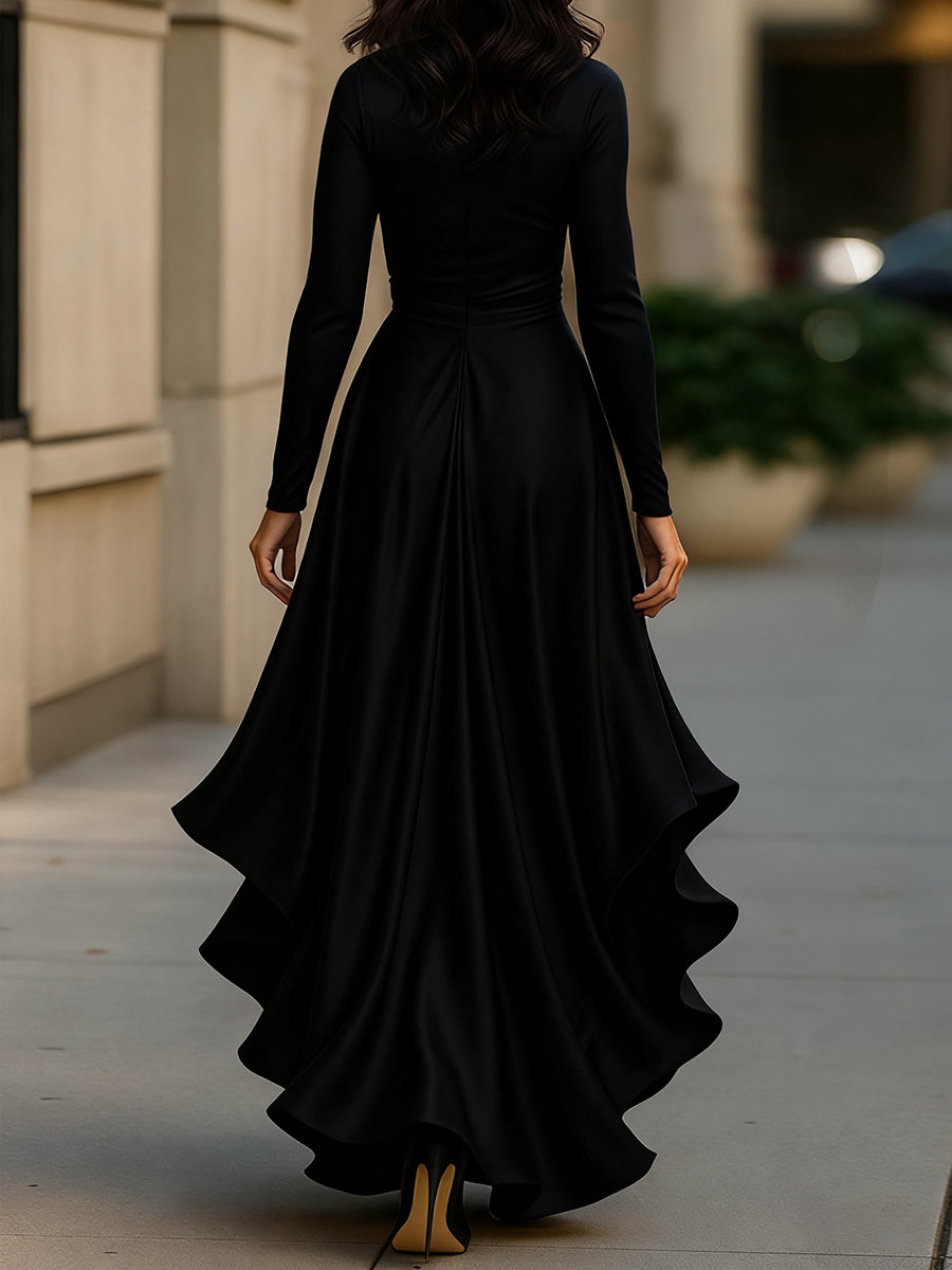 Midnight Blue Satin Maxi Dress | Draped Wrap Style | Ruffle Hem | Elegant Evening Look