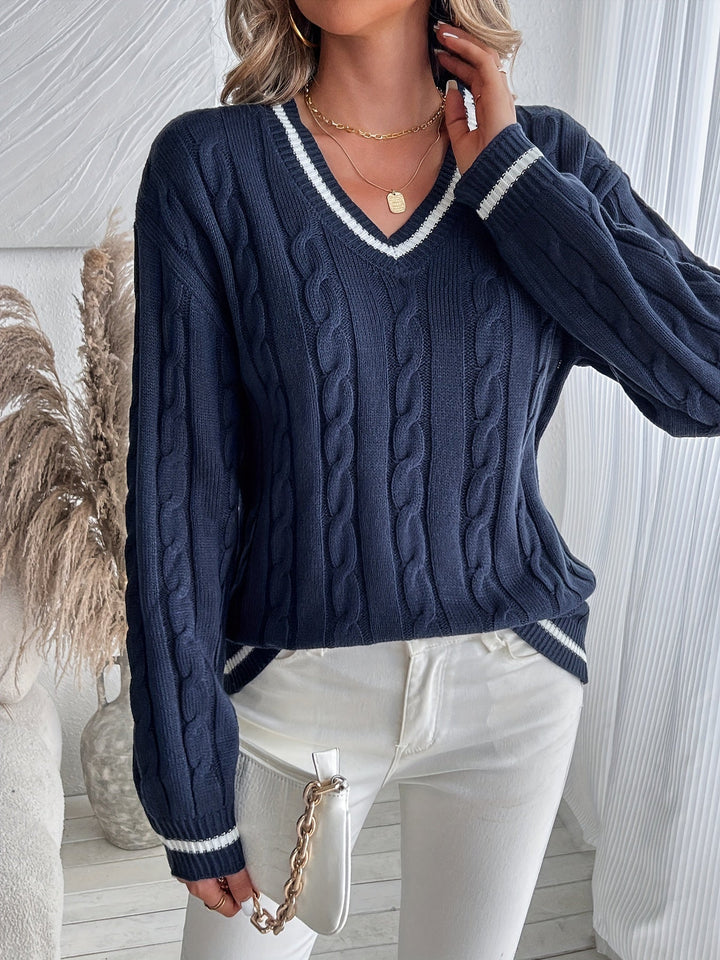 Kunigunde | Women's Cable Knit V-Neck Jumper Contrast Trim
