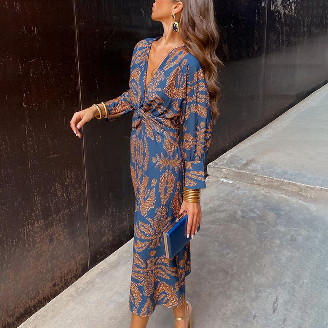 Elsie | Women's Long Sleeve V-Neck A-Line Printed Midi Dress