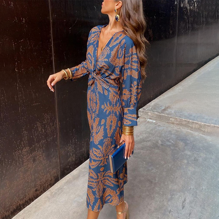 Elsie | Women's Long Sleeve V-Neck A-Line Printed Midi Dress