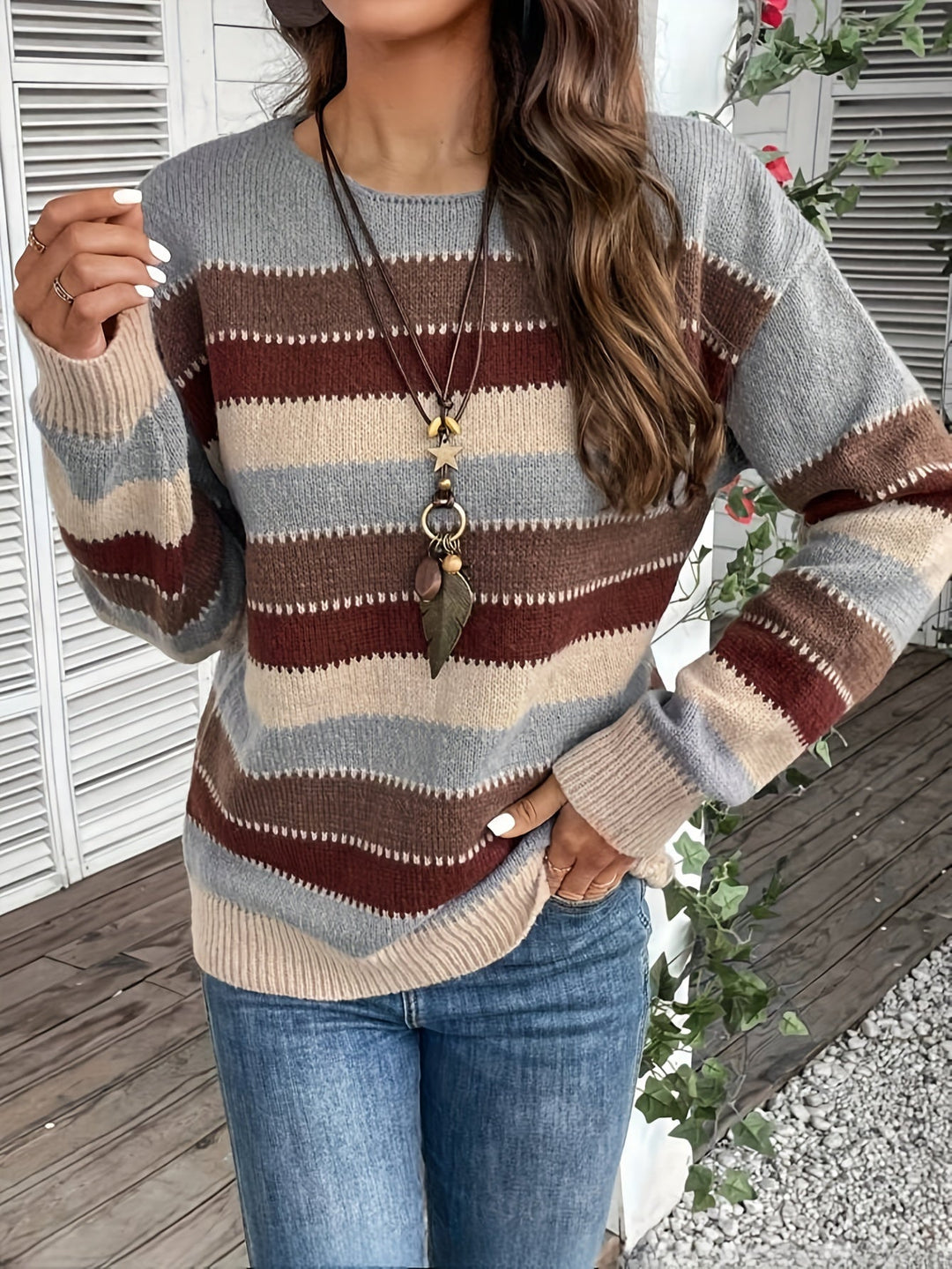 Delphine | Women's Striped Crew Neck Knitted Jumper Loose Fit