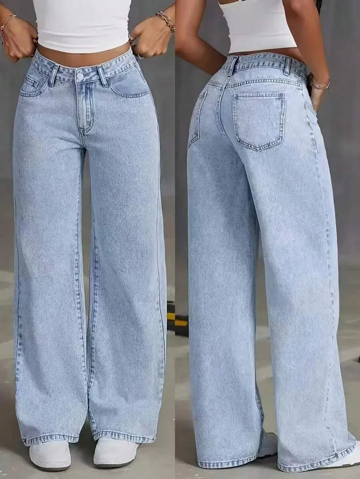 Beatrix | Women's Wide Leg Jeans Mid Rise Pleated Front Washed Denim