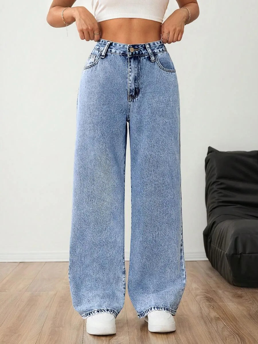 Beatrix | Women's Wide Leg Jeans Mid Rise Pleated Front Washed Denim