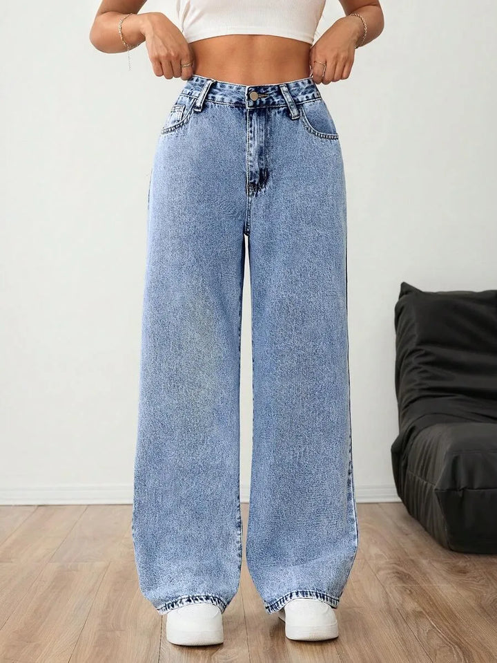 Beatrix | Women's Wide Leg Jeans Mid Rise Pleated Front Washed Denim