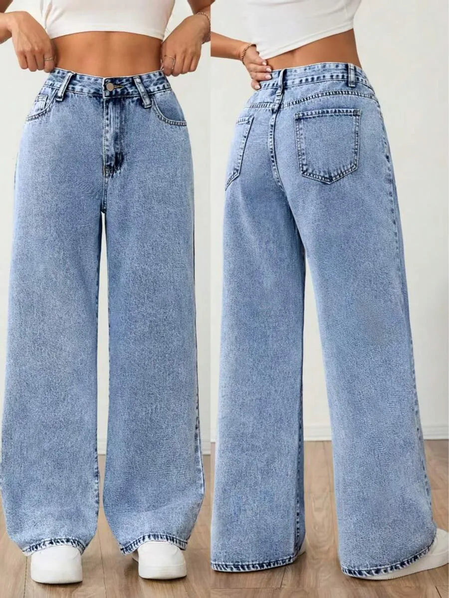 Beatrix | Women's Wide Leg Jeans Mid Rise Pleated Front Washed Denim