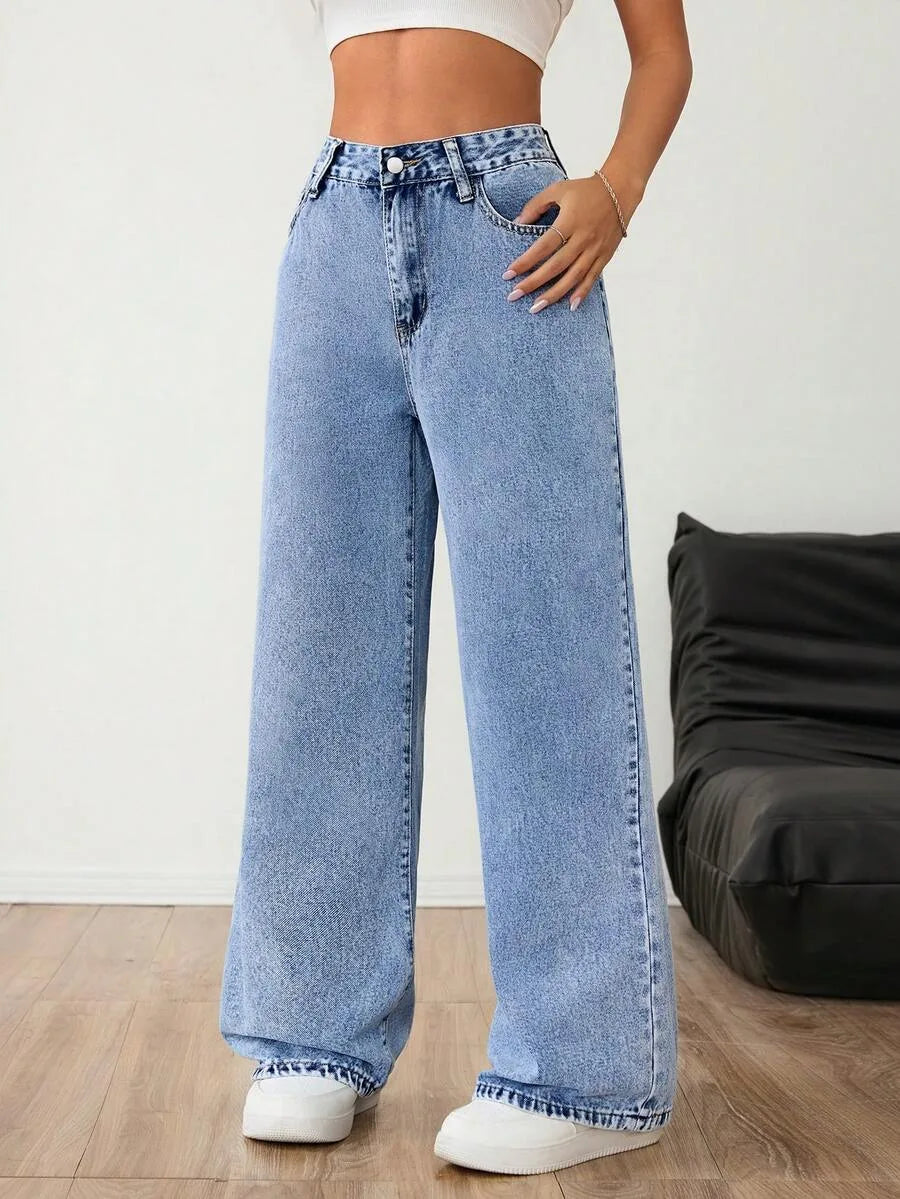 Beatrix | Women's Wide Leg Jeans Mid Rise Pleated Front Washed Denim