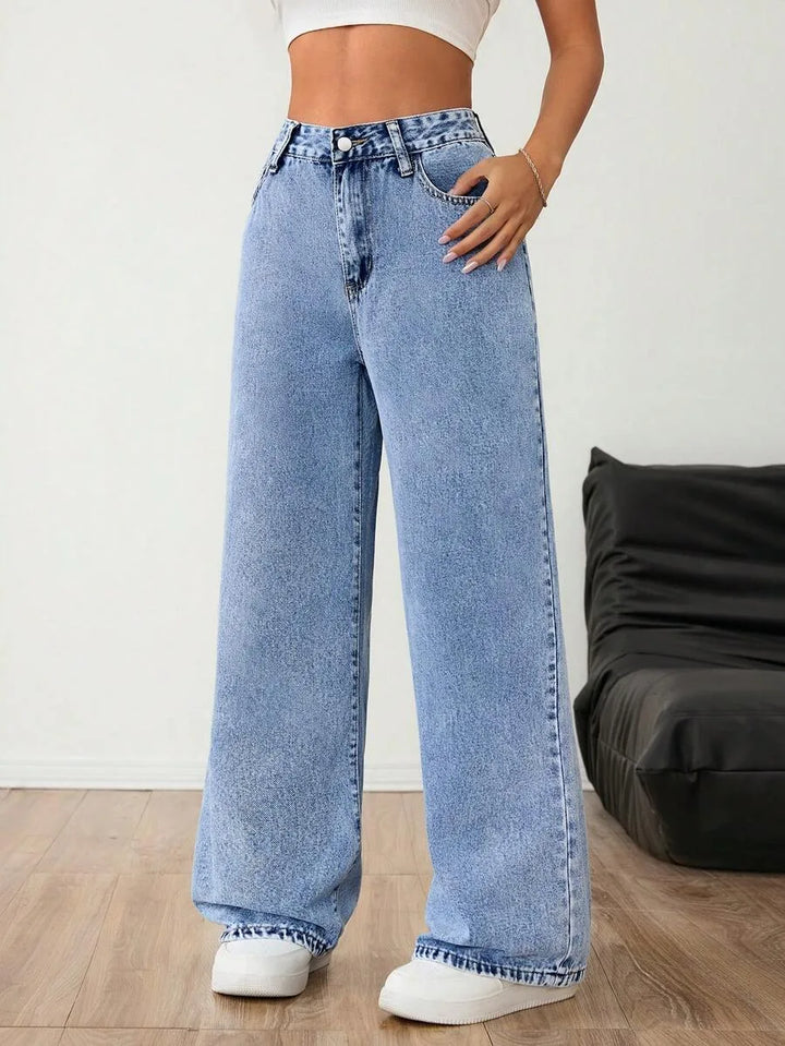 Beatrix | Women's Wide Leg Jeans Mid Rise Pleated Front Washed Denim