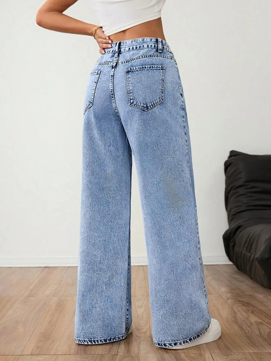 Beatrix | Women's Wide Leg Jeans Mid Rise Pleated Front Washed Denim