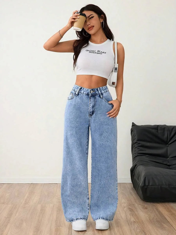 Beatrix | Women's Wide Leg Jeans Mid Rise Pleated Front Washed Denim