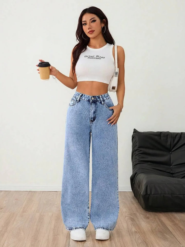 Beatrix | Women's Wide Leg Jeans Mid Rise Pleated Front Washed Denim