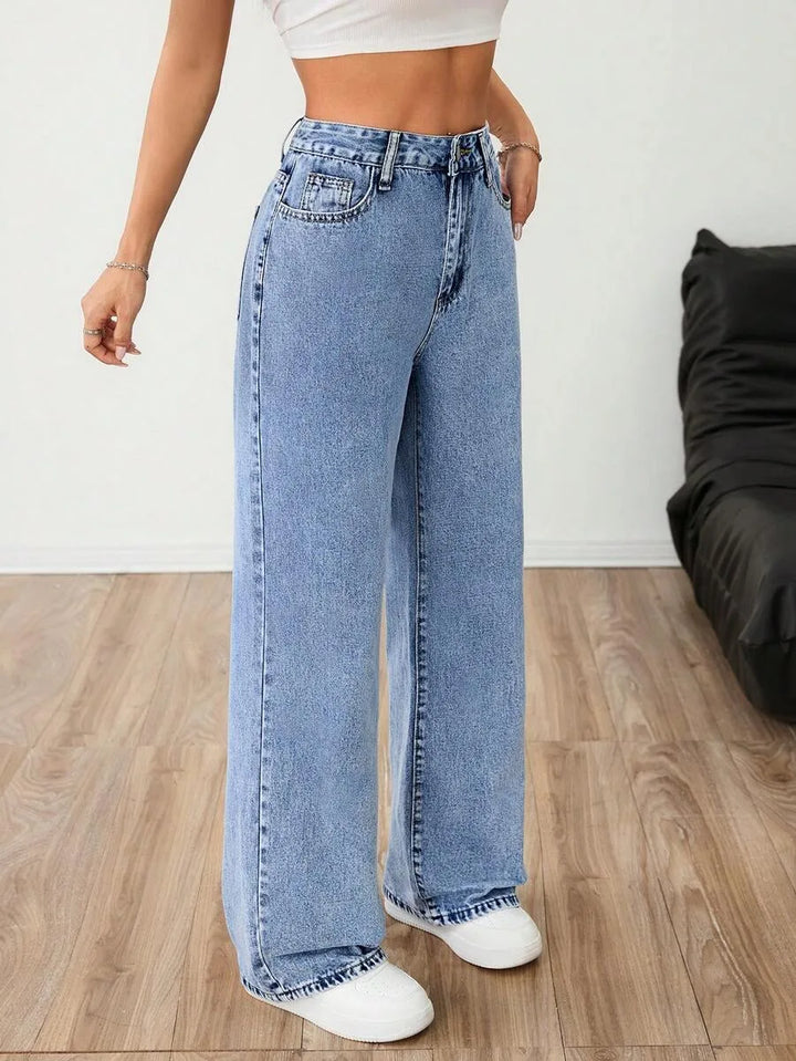Beatrix | Women's Wide Leg Jeans Mid Rise Pleated Front Washed Denim