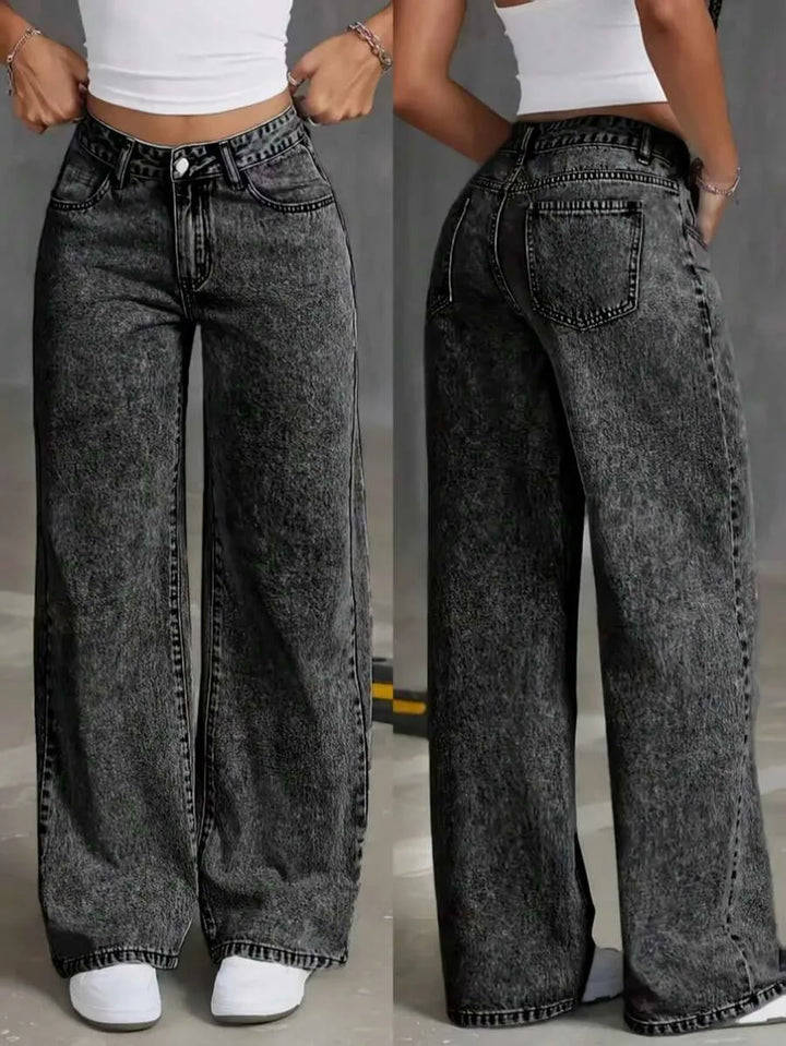 Beatrix | Women's Wide Leg Jeans Mid Rise Pleated Front Washed Denim