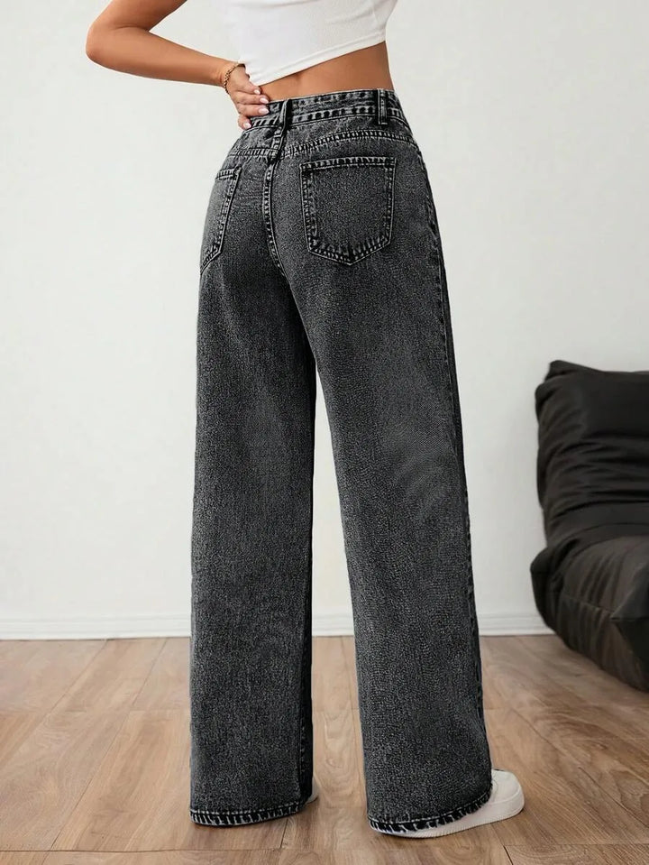 Beatrix | Women's Wide Leg Jeans Mid Rise Pleated Front Washed Denim