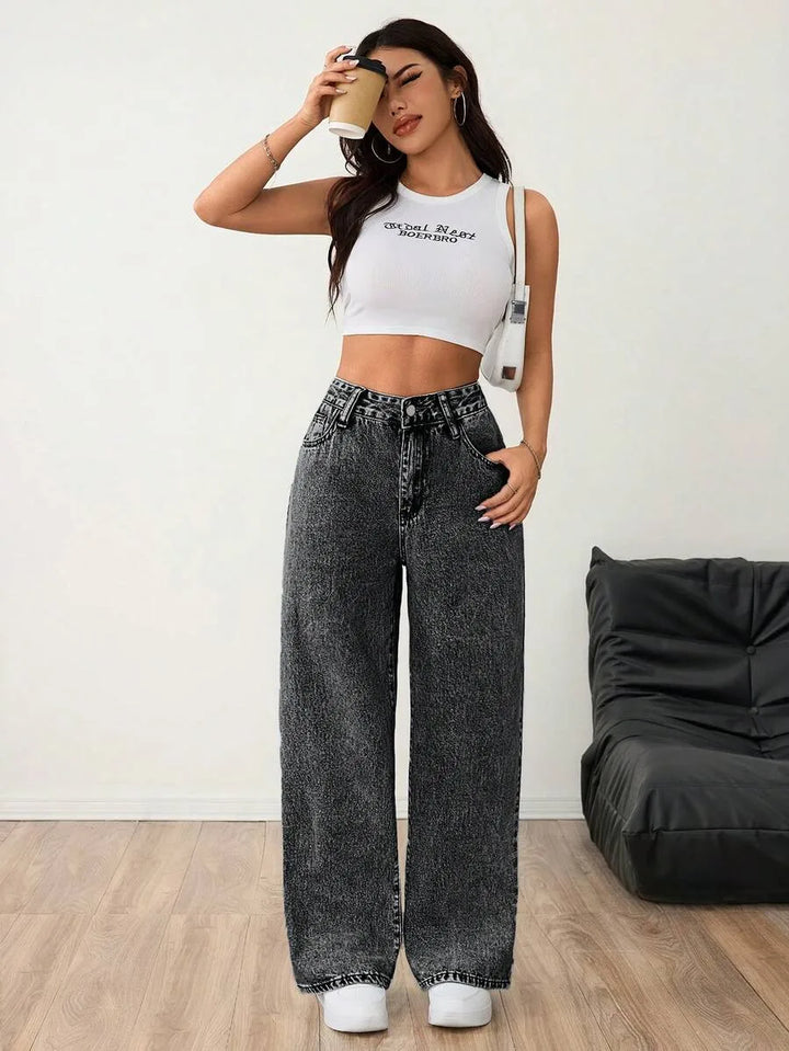 Beatrix | Women's Wide Leg Jeans Mid Rise Pleated Front Washed Denim