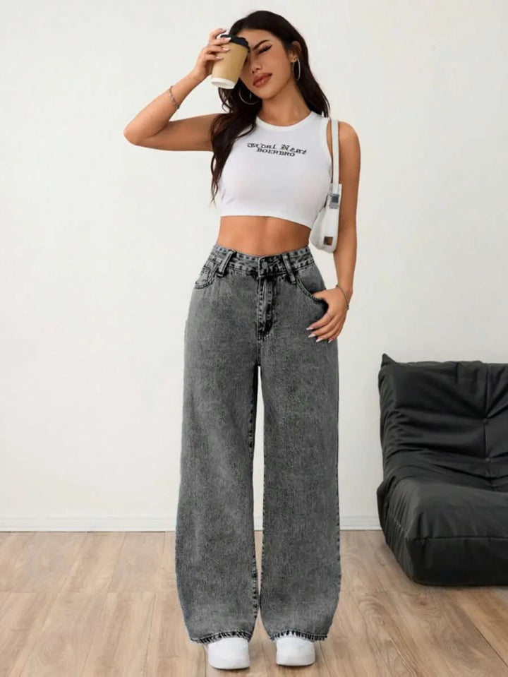 Beatrix | Women's Wide Leg Jeans Mid Rise Pleated Front Washed Denim