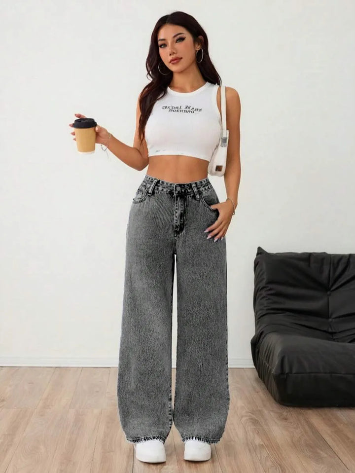Beatrix | Women's Wide Leg Jeans Mid Rise Pleated Front Washed Denim