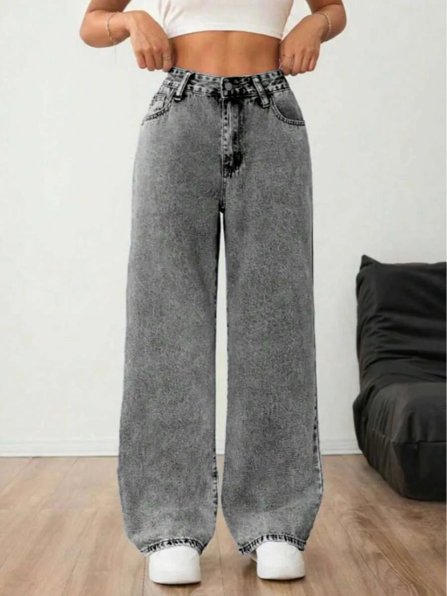 Beatrix | Women's Wide Leg Jeans Mid Rise Pleated Front Washed Denim