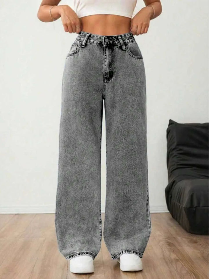 Beatrix | Women's Wide Leg Jeans Mid Rise Pleated Front Washed Denim
