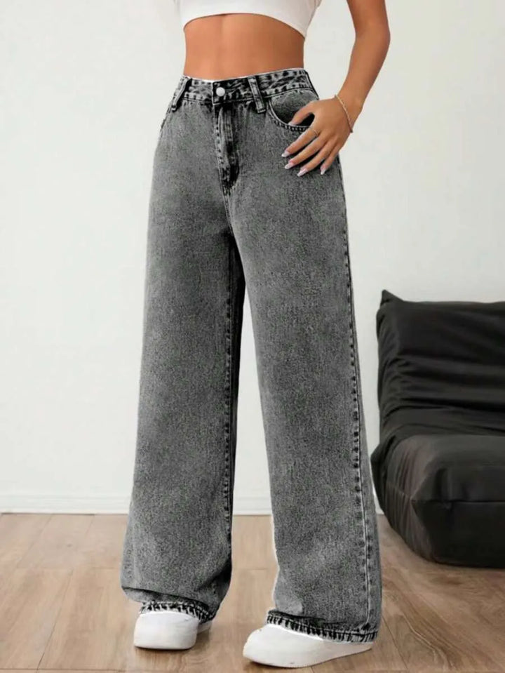 Beatrix | Women's Wide Leg Jeans Mid Rise Pleated Front Washed Denim