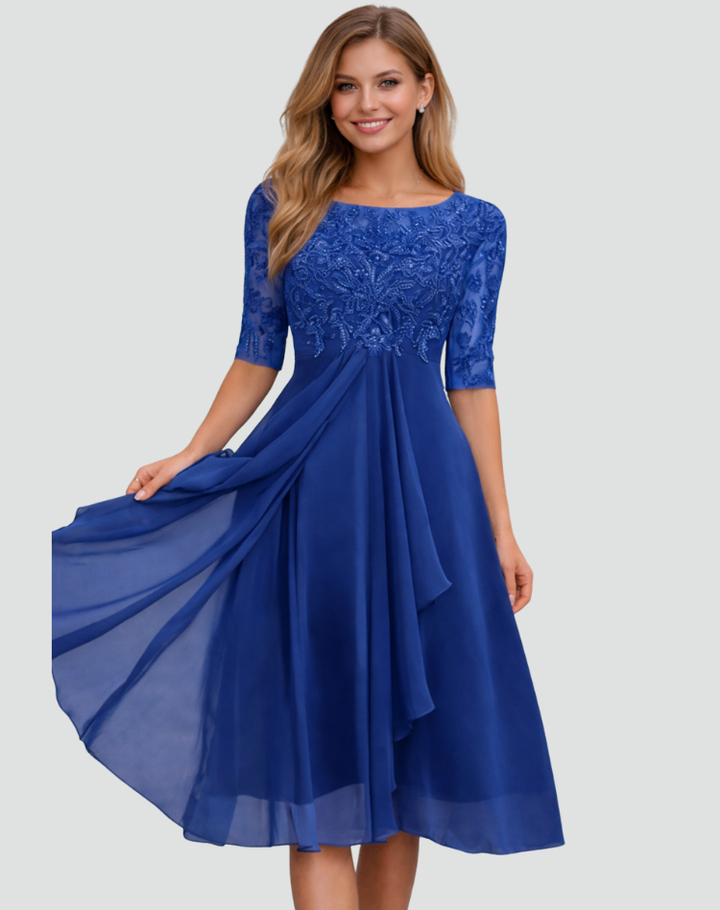 Ruby | Women's Lace Midi Party Dress Three-Quarter Sleeve Tulle Skirt