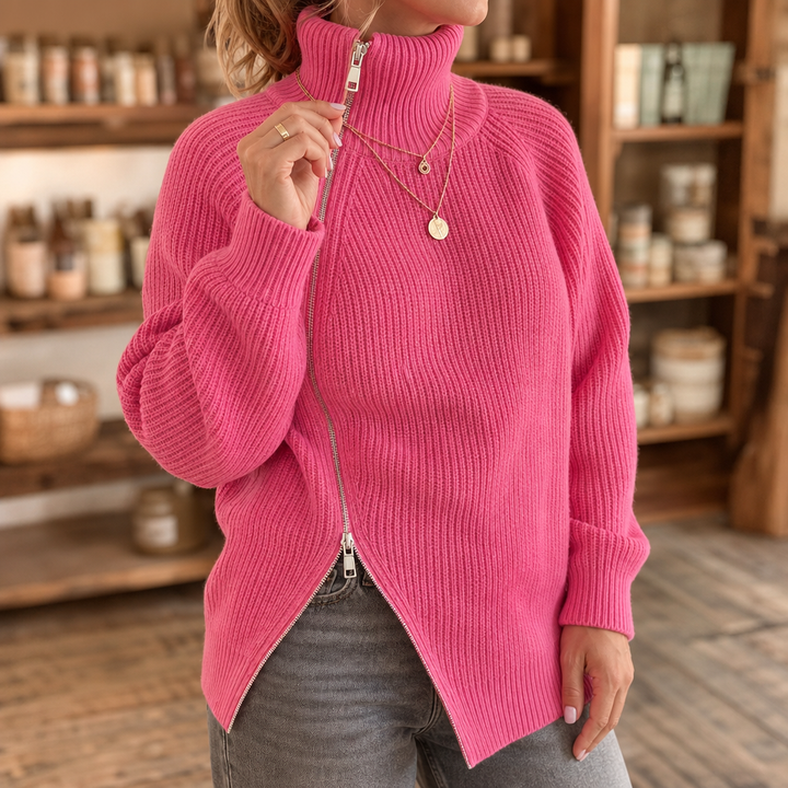 Amelia | Women's Knitted Jumper Asymmetric Diagonal Zip Neckline
