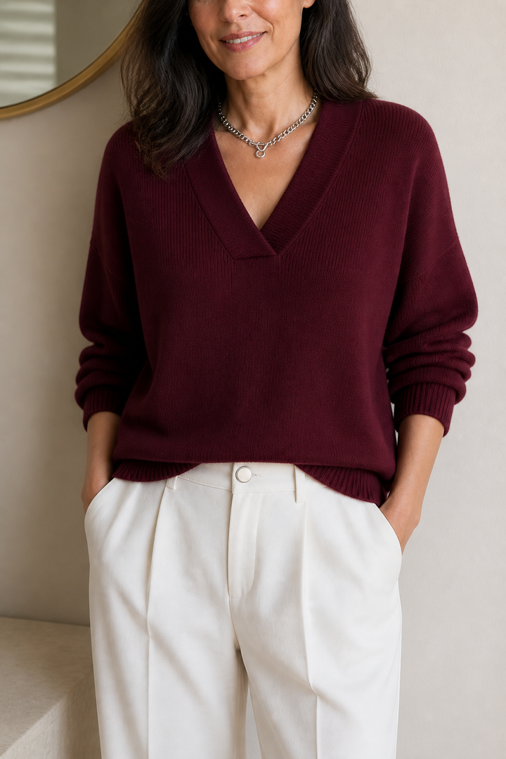 Elisa | Women's V-Neck Ribbed Stretch Knit Jumper Relaxed Fit