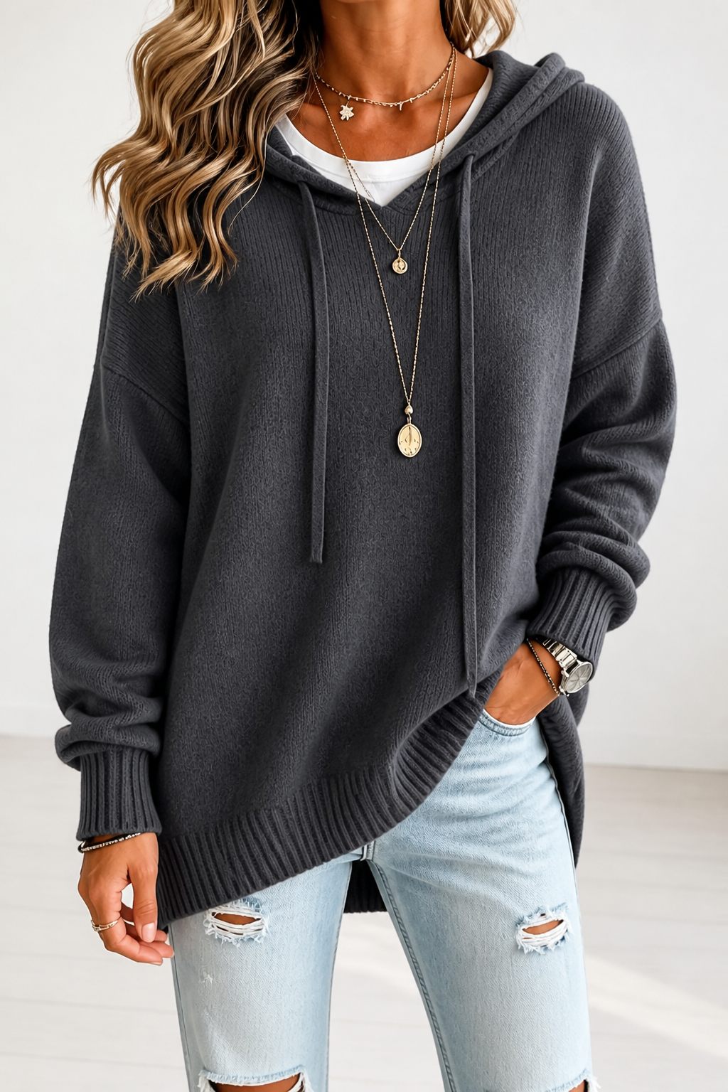 Alina | Women's Oversized Hooded Knitted Jumper Dropped Shoulder