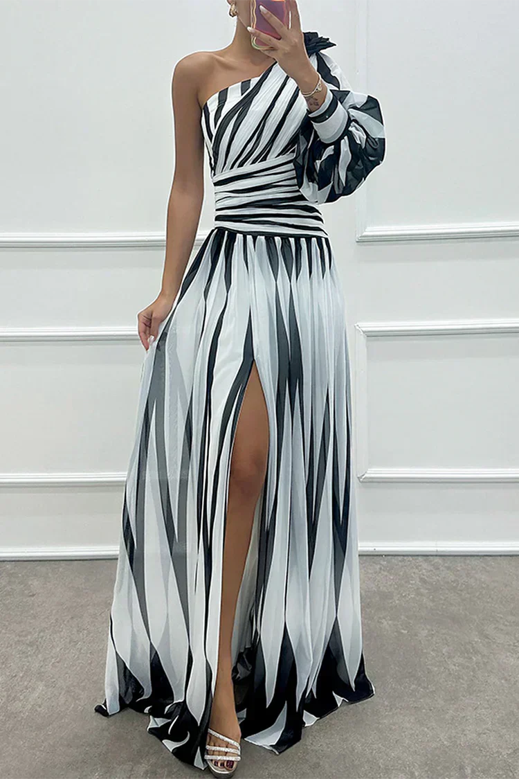 Bonnie Elegant Striped One Shoulder Maxi Dress