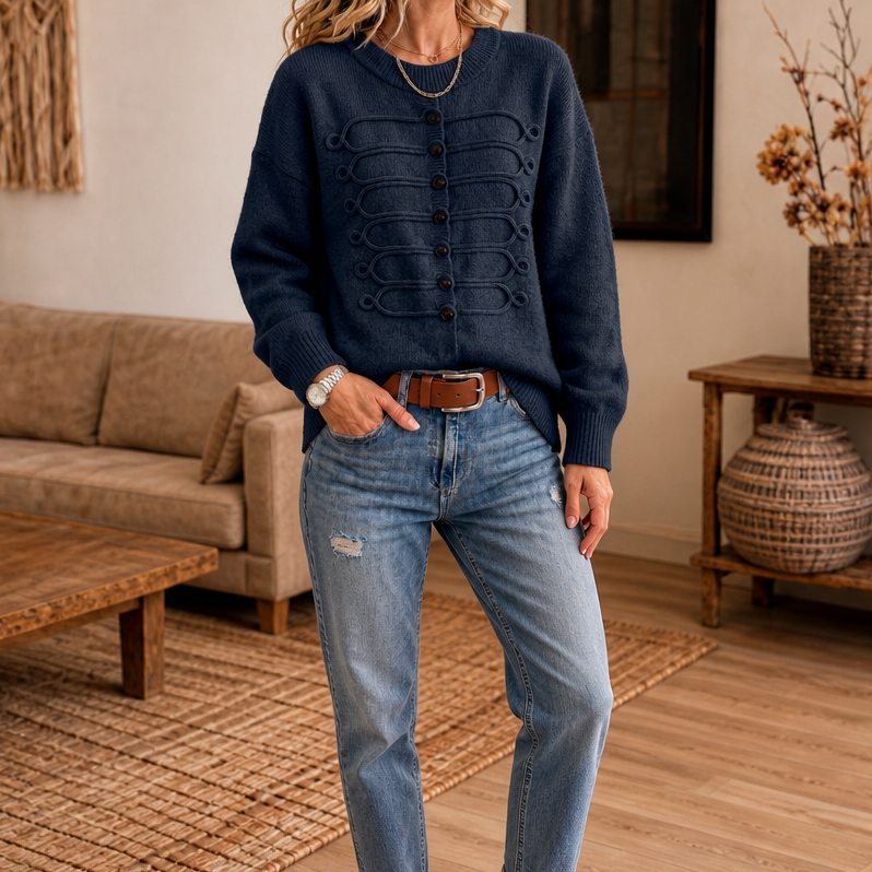 Clara | Women's Wool Knitted Jumper Braided Cord & Button Details