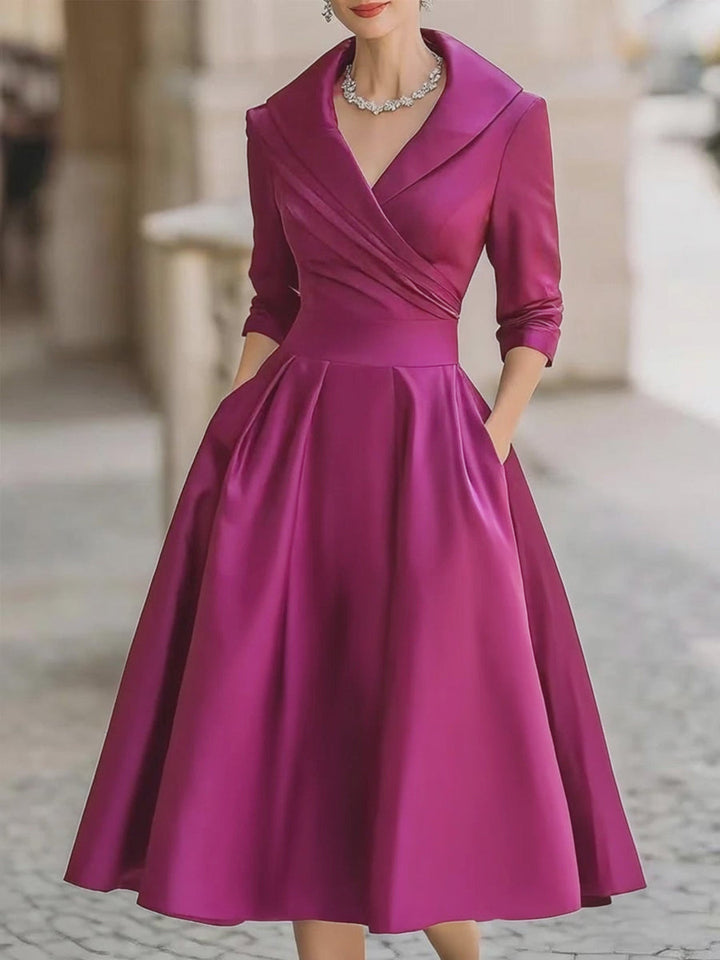 Black Satin Midi Dress | Draped Shawl Collar | Vintage-Inspired Elegance | Soft Luster Finish
