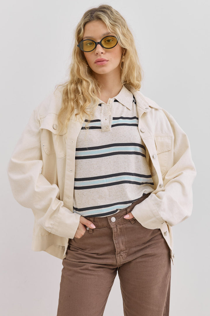 Esme | Women's Striped Short-Sleeve Polo Shirt Button Placket
