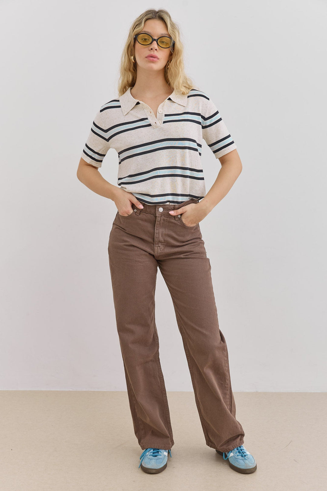 Esme | Women's Striped Short-Sleeve Polo Shirt Button Placket