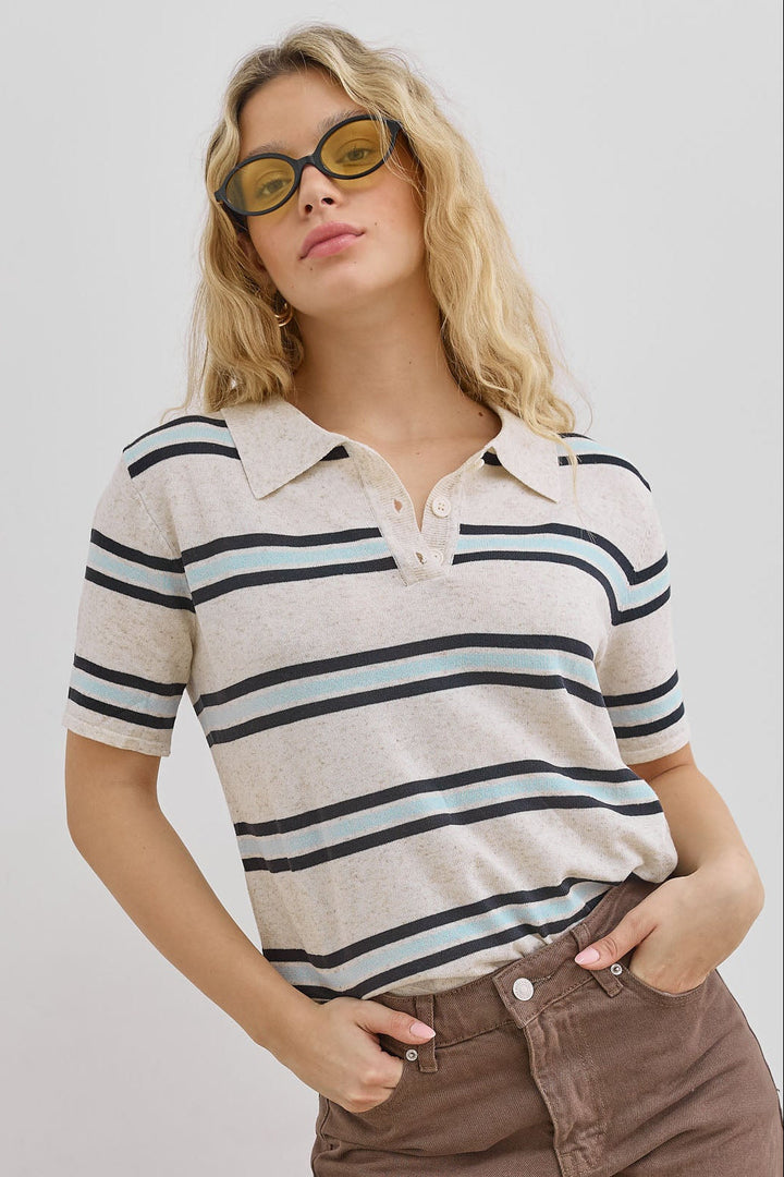 Esme | Women's Striped Short-Sleeve Polo Shirt Button Placket