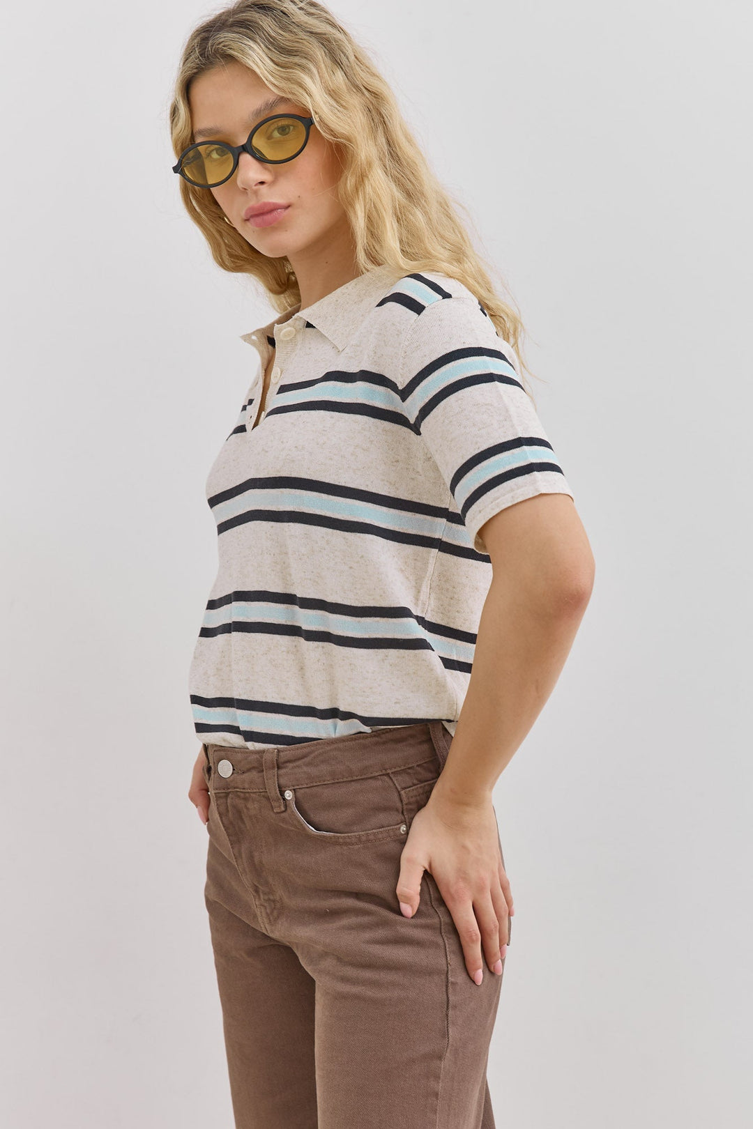 Esme | Women's Striped Short-Sleeve Polo Shirt Button Placket