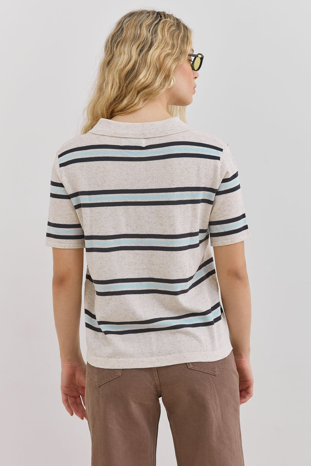 Esme | Women's Striped Short-Sleeve Polo Shirt Button Placket
