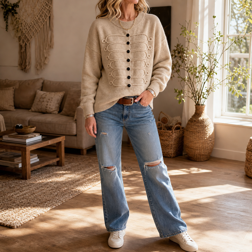 Clara | Women's Wool Knitted Jumper Braided Cord & Button Details