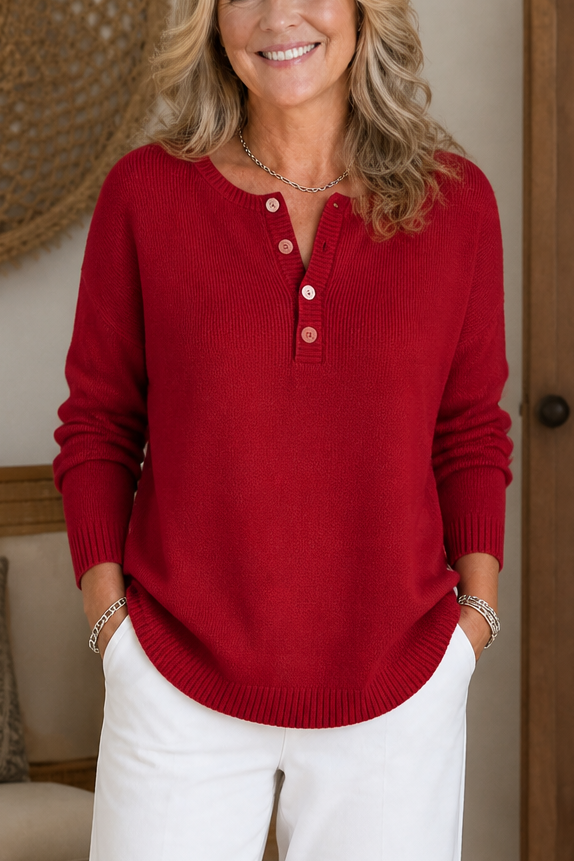 Vanessa | Women's Cotton V-Neck Jumper Button Detail Ribbed Trims